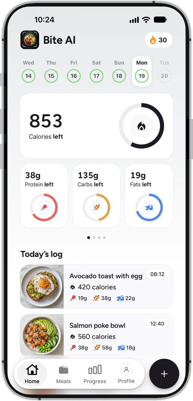 Bite AI home screen showing calories and macros left for the day