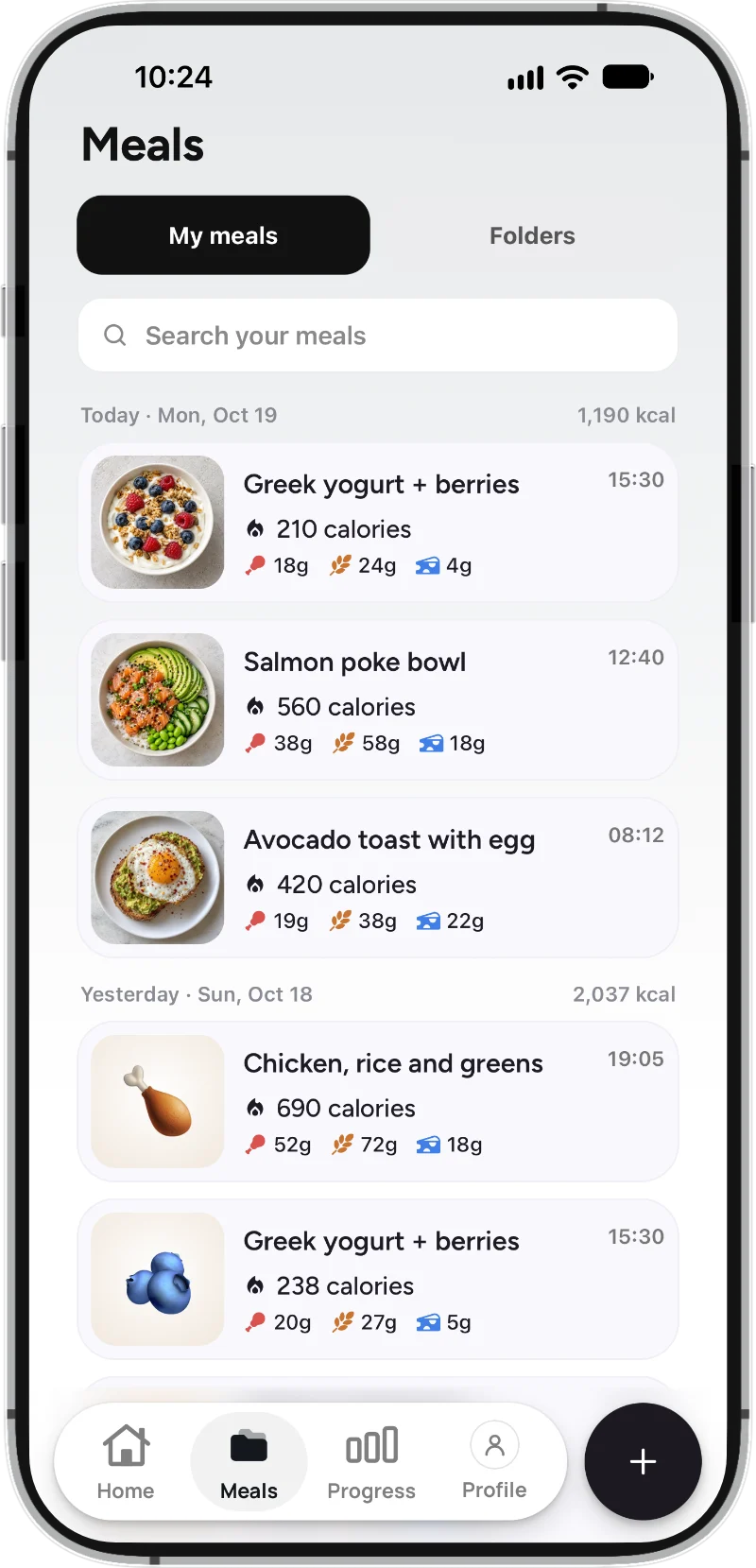Bite AI meal log showing logged meals