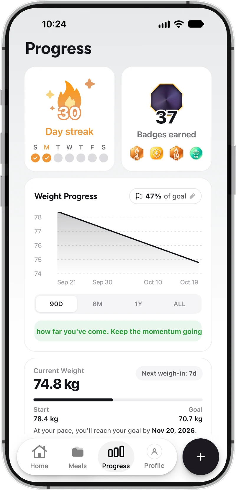 Bite AI progress screen showing weight trend