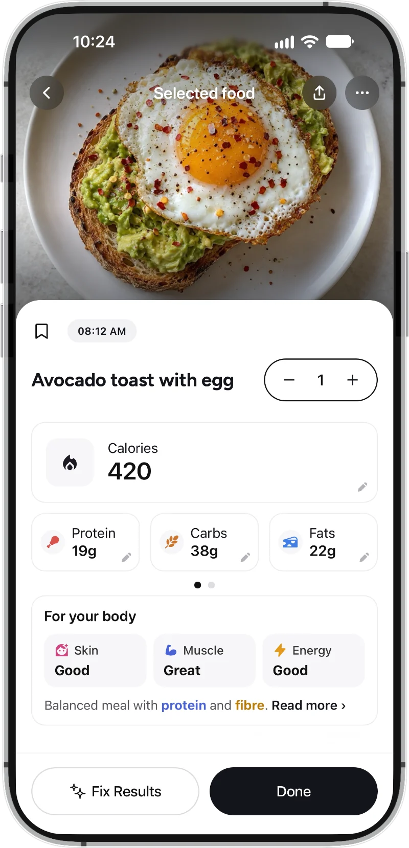 Bite AI meal result showing calories and macros
